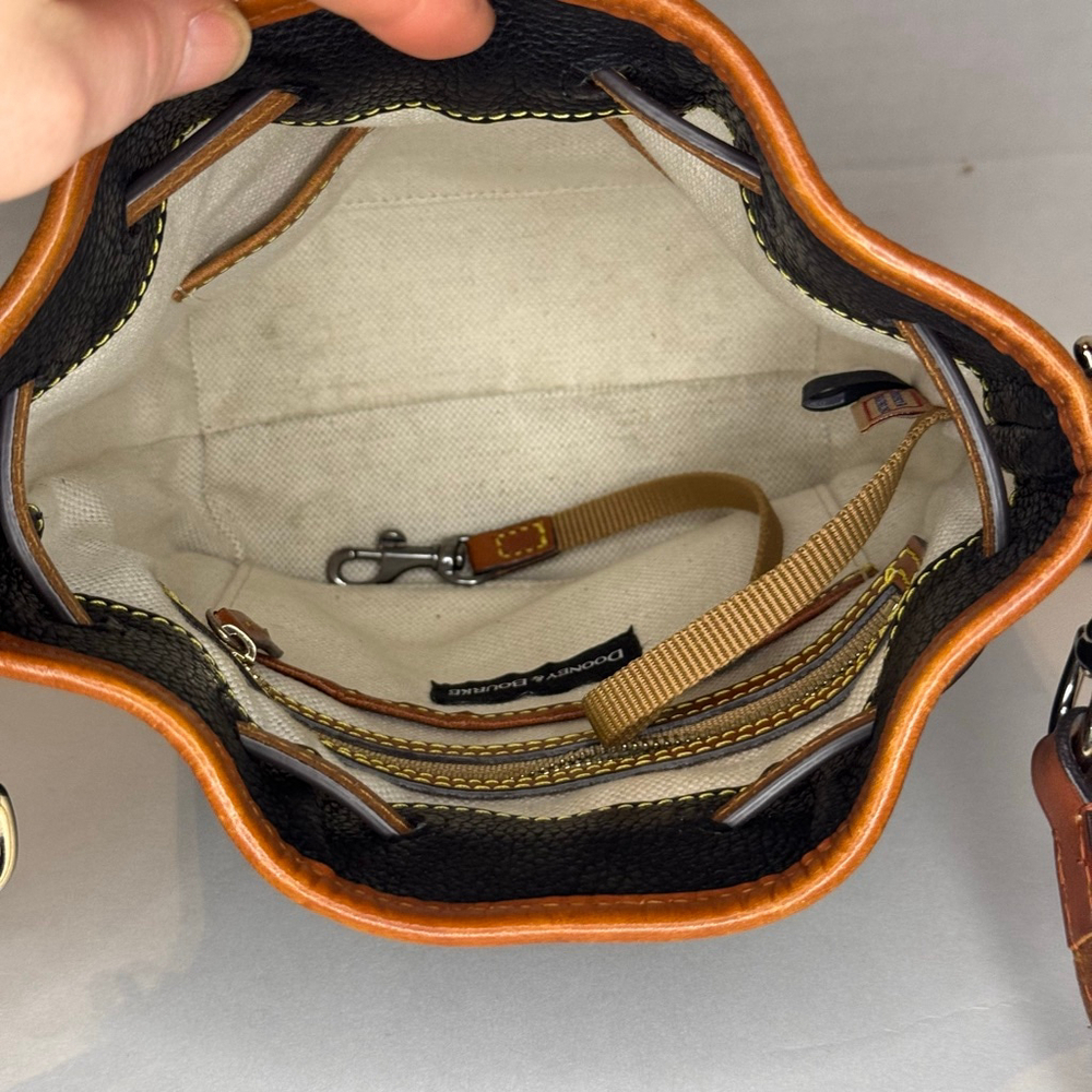Dooney & Bourke Pebble Grain Small Drawstring Bag Black & Saddle Leather, NWOT - Picture 6 of 7